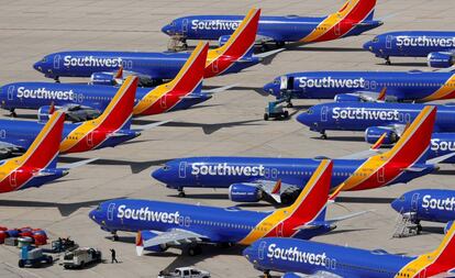 Aviones Boeing 737 Max de Southwest Airlines, aparcado en el aeropuerto de Victorville (EE UU), el pasado marzo.