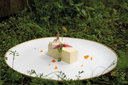 Terrina cremosa de puerros y langostinos con salsa tártara, de Origen, el restaurante más popular de David Yárnoz.