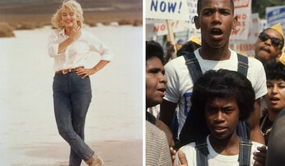 A la izquierda, Marilyn Monroe en 'Vidas rebeldes' (1961). A la derecha, pareja de activistas con petos vaqueros en una marcha por los derechos humanos en Washington (1963).