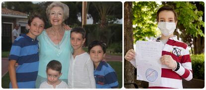 Adrián, con sus primos y su abuela (a la izquierda de esta, con camisa blanca) y en diciembre posando con la carta que le envió cuando estaba en el hospital.