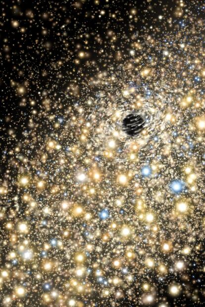 Ilustración de las estrellas en la región central de una gran galaxia con un agujero negro supermasivo.