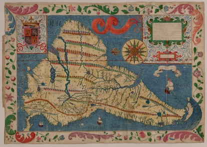 Mapa de Sudamérica de Lucas de Quirós (1615), en la Galería de las Colecciones Reales de Madrid. 