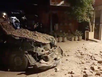 View of a damaged vehicle and debris in the aftermath of an earthquake in Marrakech, Morocco September 9, 2023 in this screen grab from a social media video in this picture.