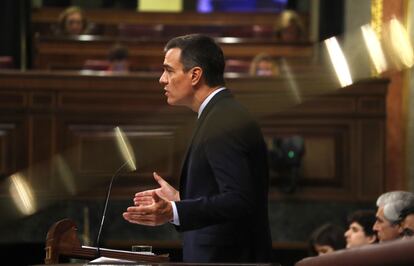 El presidente del Gobierno en funciones y candidato socialista, Pedro Sánchez, durante su intervención.