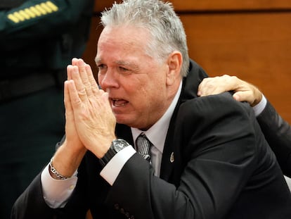 Former Marjory Stoneman Douglas High School School Resource Officer Scot Peterson reacts as he is found not guilty on all charges at the Broward County Courthouse in Fort Lauderdale, Fla., on Thursday, June 29, 2023.
