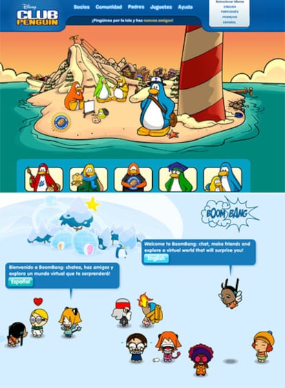 <i>Web </i>de Club Penguin (arriba) y Boombang.