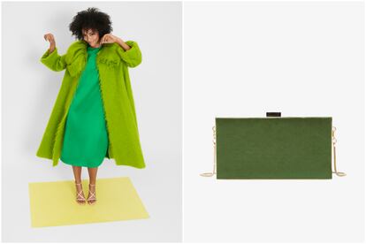Abraza el monocolor.
Elige tu color favorito y vístelo de arriba a abajo sin concesiones. Las diferentes texturas y tonalidades harán que todo parezca distinto. Como en este total look, tan arriesgado como atrevido, en clave verde. Como nota final, el bolso de fiesta Varnish. Con raso de color verde, esta cajita rectangular e imantada, le dará a tu look ese punto arquitectónico y de vanguardia que pide a gritos.