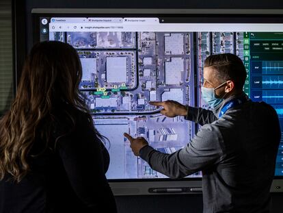 Law enforcement personnel use an interactive electronic map for the ShotSpotter Dispatch program running within the Fusion Watch department at the Las Vegas Metropolitan Police Headquarters Wednesday, Jan. 13, 2021, in Las Vegas.