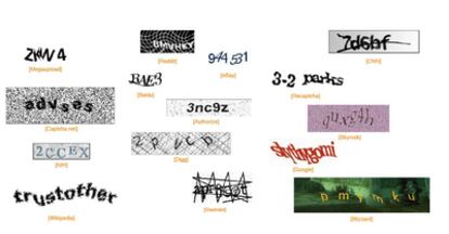 Un muestrario de <i>captchas</i> de distintas webs.