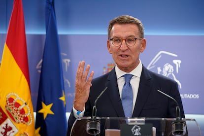 El presidente del PP, Alberto Nuñez Feijóo, comparece en rueda de prensa en el congreso de los diputados en Madrid. 