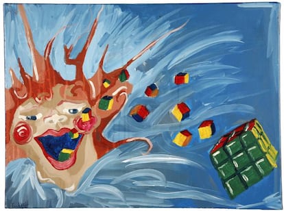 Título: 'Spewing Rubik's Cubes', pintor: K. Koch, 24x18 óleo sobre lienzo, comprado en una tienda de segunda mano por Michael Frank en Boston. Esta imagen de los clásicos juguetes de la década de 1980 emanando de la garganta de un bufón solo puede describirse como misteriosa.