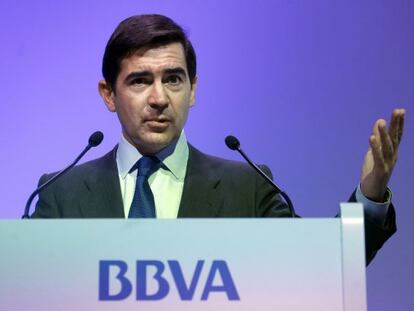 El consejero delegado del BBVA, Carlos Torres, durante la presentaci&oacute;n de los resultados del banco hasta septiembre.