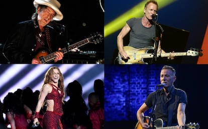 De izquierda a derecha y de arriba abajo: Bob Dylan, Sting, Shakira y Bruce Springsteen. Todos ellos han vendido sus catálogos de canciones a grandes discográficas o fondos de inversión en los últimos meses.