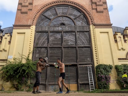 Dos boxeadores practican delante del umbráculo cerrado al público por su deterioro