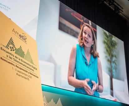 Nadia Calviño interviene por videoconferencia en Encuentro de la Economía Digital, que se celebra en Santander.