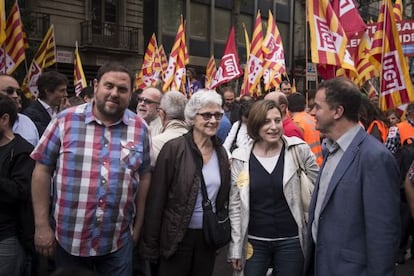 Oriol Junqueras, Muriel Casals, Carme Forcadell y Alfred Bosch en la manifestación del 1 de mayo
