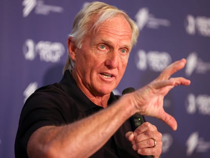 AL MUROOJ, SAUDI ARABIA - FEBRUARY 01: Greg Norman, CEO of Liv Golf Investments talks to the media during a practice round prior to the PIF Saudi International at Royal Greens Golf & Country Club on February 01, 2022 in Al Murooj, Saudi Arabia. (Photo by Luke Walker/WME IMG/WME IMG via Getty Images)