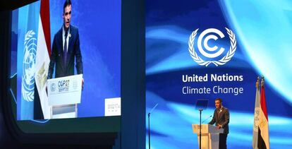 El presidente Pedro Sánchez en su discurso frente a la COP27.