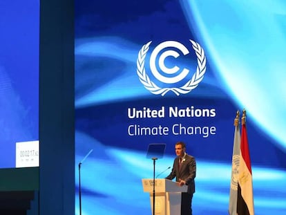 El presidente Pedro Sánchez en su discurso frente a la COP27.