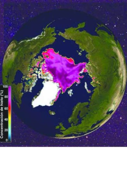 Estimación del hielo flotante sobre el Ártico el pasado jueves.