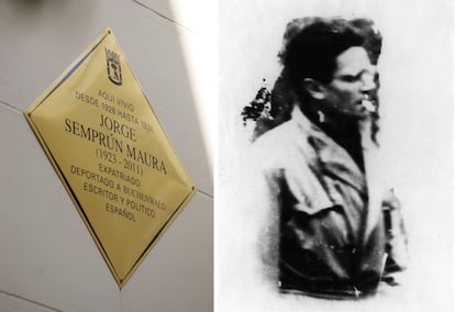 A la izquierda, placa que recuerda el domicilio de Semprún en el número 12 de la calle Alfonso XI de Madrid. A la derecha, única foto de sus años de clandestinidad en España.