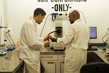 Dos trabajadores de Heura analizan una muestra de comida en el laboratorio de la empresa en Barcelona. 