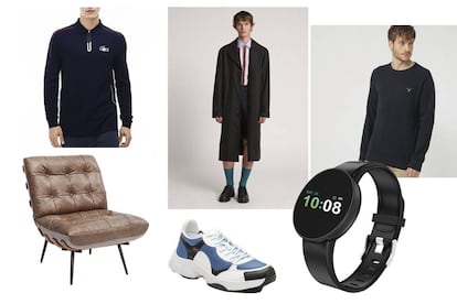 En la imagen, de izquierda a derecha: polo de Lacoste, gabardina de Joseph, jersey azul marino de Gant, sillón de Kare Design, zapatillas deportivas de Calvin Klein y 'smart watch' de Lodj. Todo, de Veepee.