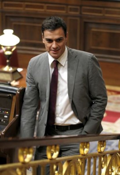 Pedro Sánchez, líder del PSOE, tras la aprobacion de la llamada ley Mordaza y la reforma del código penal.