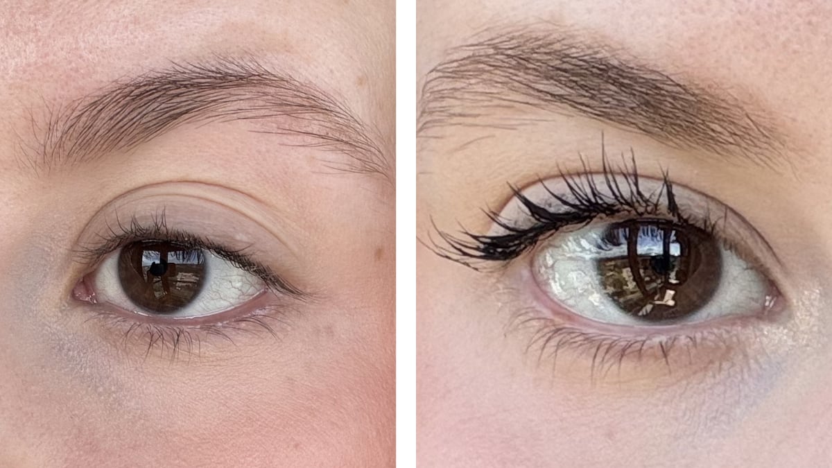 Mis ojos antes y después de usar The Every Single Day Mascara de Mina.