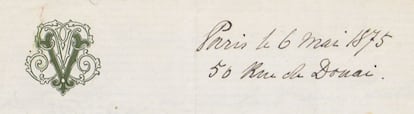 Anagrama y encabezamiento de una carta enviada por Pauline Viardot el 16 de mayo de 1875 desde su domicilio parisiense en 50 Rue de Douai.