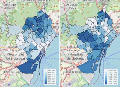A la izquierda, la incidencia acumulada afectó a los distritos periféricos de Barcelona durante el primer confinamiento de 2020. A la derecha, los positivos crecieron en la zona alta durante el periodo entre abril y julio de 2021. Fuente: ASPB