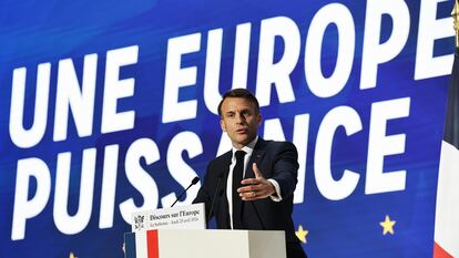 Emmanuel Macron, durante su discurso sobre Europa en la Universidad de la Sorbona, en París, este jueves.