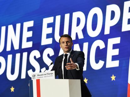 Emmanuel Macron, durante su discurso sobre Europa en la Universidad de la Sorbona, en París, este jueves.