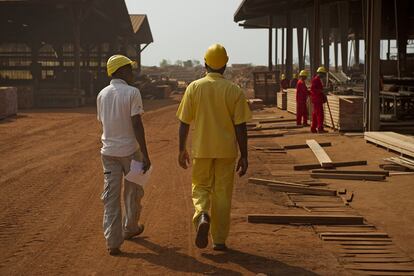 Jean-Noël formó parte de Danzer, la empresa subsidiaria de IFO, durante 32 años. Los empleados le llaman "el embajador" de los trabajadores migrantes de la República Democrática del Congo porque cuando se unió a la empresa, hace 14 años, vivía con otros 15 trabajadores inmigrantes. Ahora vive en una cómoda casa que el mismo construyó. En la imagen, Jean-Noël pasea por el aserradero con un compañero.