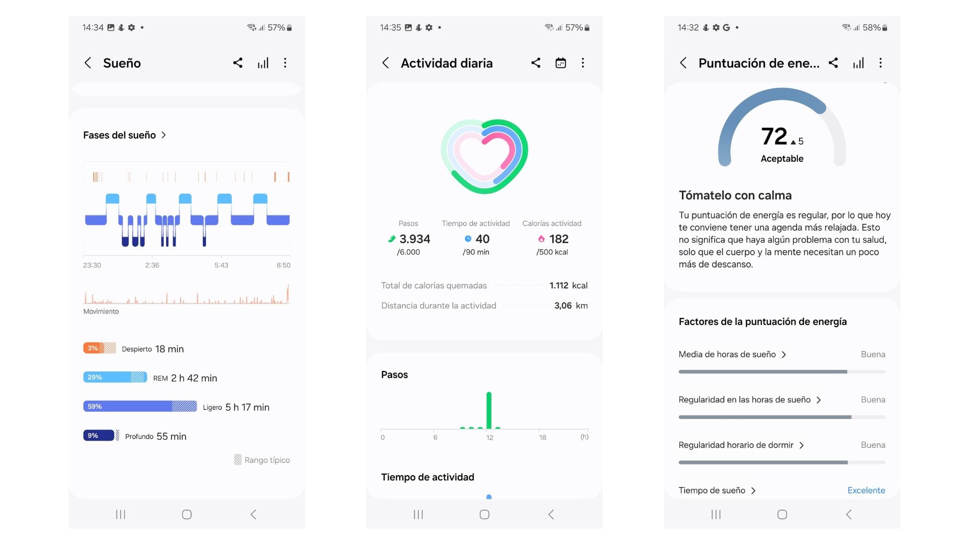 Datos del sueño, la actividad diaria y la puntuación de energía monitorizados por el anillo de Samsung.