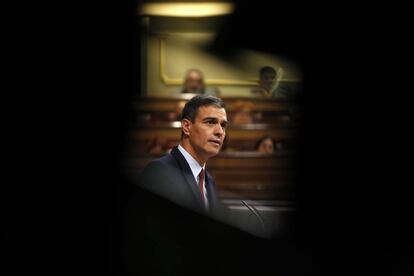 Pedro Sánchez, durante su discurso de investidura en el Congreso de los Diputados. 