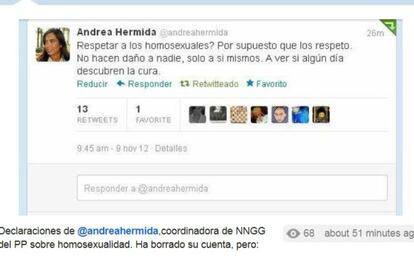Tuit en el que Andrea Hermida se refería a la "cura" de los homosexuales.