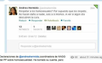 Tuit en el que Andrea Hermida se refer&iacute;a a la &quot;cura&quot; de los homosexuales.