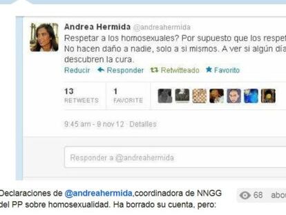 Tuit en el que Andrea Hermida se refer&iacute;a a la &quot;cura&quot; de los homosexuales.