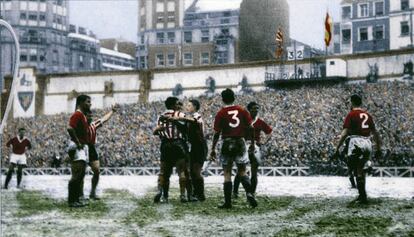 San Mamés, foto coloreada del Athletic-Manchestrer de 1957.