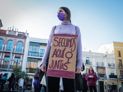 Alicia Cañamero, de 26 años, en la manifestación del 8 de marzo en Badajoz.