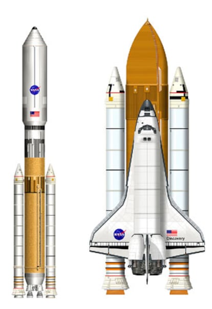 Imagen del transbordador, confrontada (no a escala) con un posible diseño de la nueva nave de la NASA, apuntado por el constructor espacial ATK en su página de Internet.