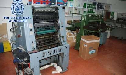 A printing press found inside a warehouse in Elche, Alicante province.