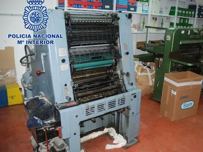 A printing press found inside a warehouse in Elche, Alicante province.