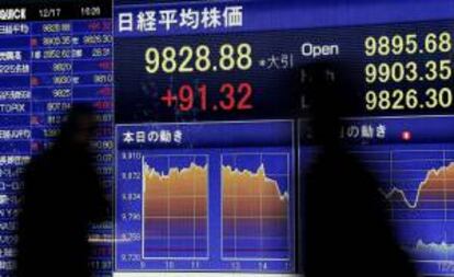 Peatones pasan por delante de una pantalla con el valor del índice Nikkei, en Tokio, Japón.