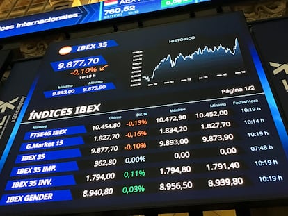 Un panel con la evolución de diferentes índices de la Bolsa española.