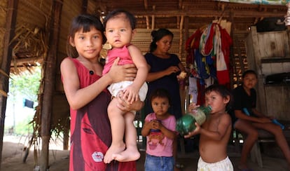 Uma família da etinia Sateré Mawé na aldeia Vila Nova, Terra Indígena Andirá Marau, no Amazonas.