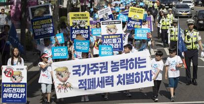 Una protesta en Corea del Sur contra el despliegue del THAAD.