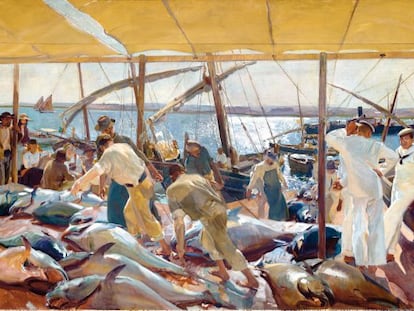 Uno de los murales de Sorolla de la Hispanic que se vieron en la Fundació Bancaixa.