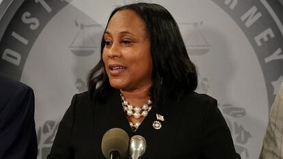 Fulton County District Attorney Fani Willis speaks to the media after a Grand Jury brought back indictments against former president Donald Trump and 18 of his allies in their attempt to overturn the state's 2020 election results, in Atlanta, Georgia, U.S. August 14, 2023.